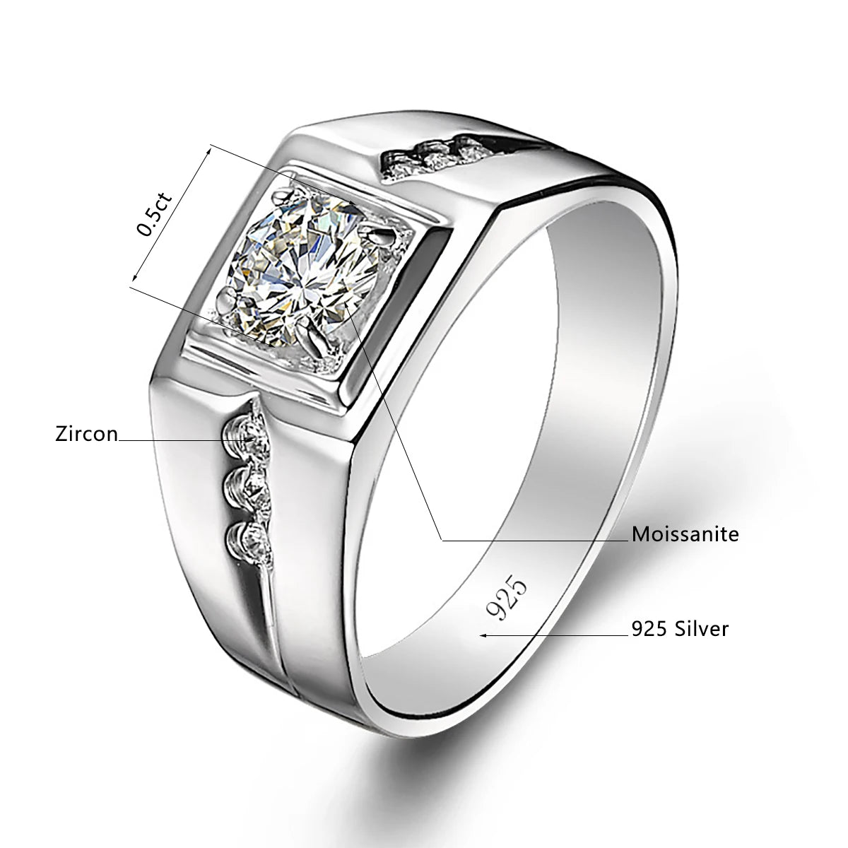 Szjinao 0.5ct 5mm Round Cut Wedding Certificated Moissanite Diamond Male Ring Thick Silver Designer Jewelry Luxury Gift For Men