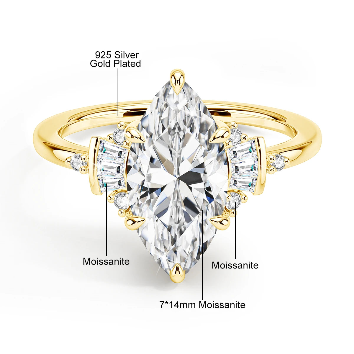Marquise Cut 7*14mm Full Moissanite Wedding Ring for Women D VVS1 925 Silver Plated 18K Gold Luxury Sparkling Engagement Jewelry