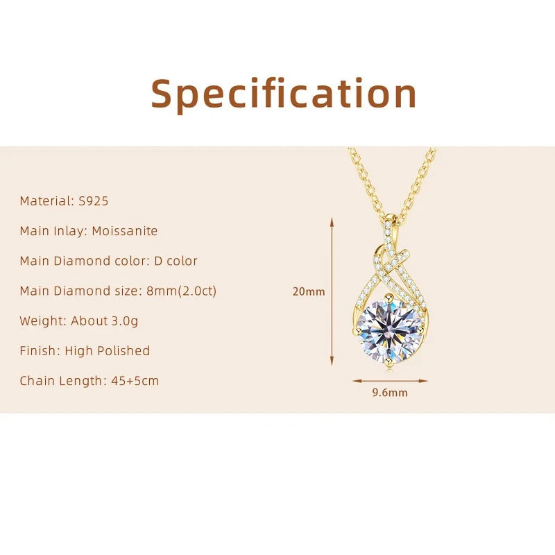 IOGOU 18K Gold Plated 8MM 2CT Moissanite Pendant Necklaces Adjustable Silver 925 for Women Original Jewelry Certified Charm