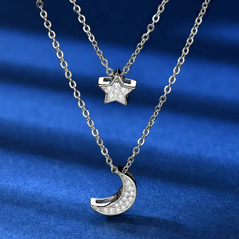 IOGOU D0.14CT VVS1 Moissanite Double Layer Pendant Necklace 925 Sterling Silver Moon Star Choker Necklace for Women Jewelry Gift
