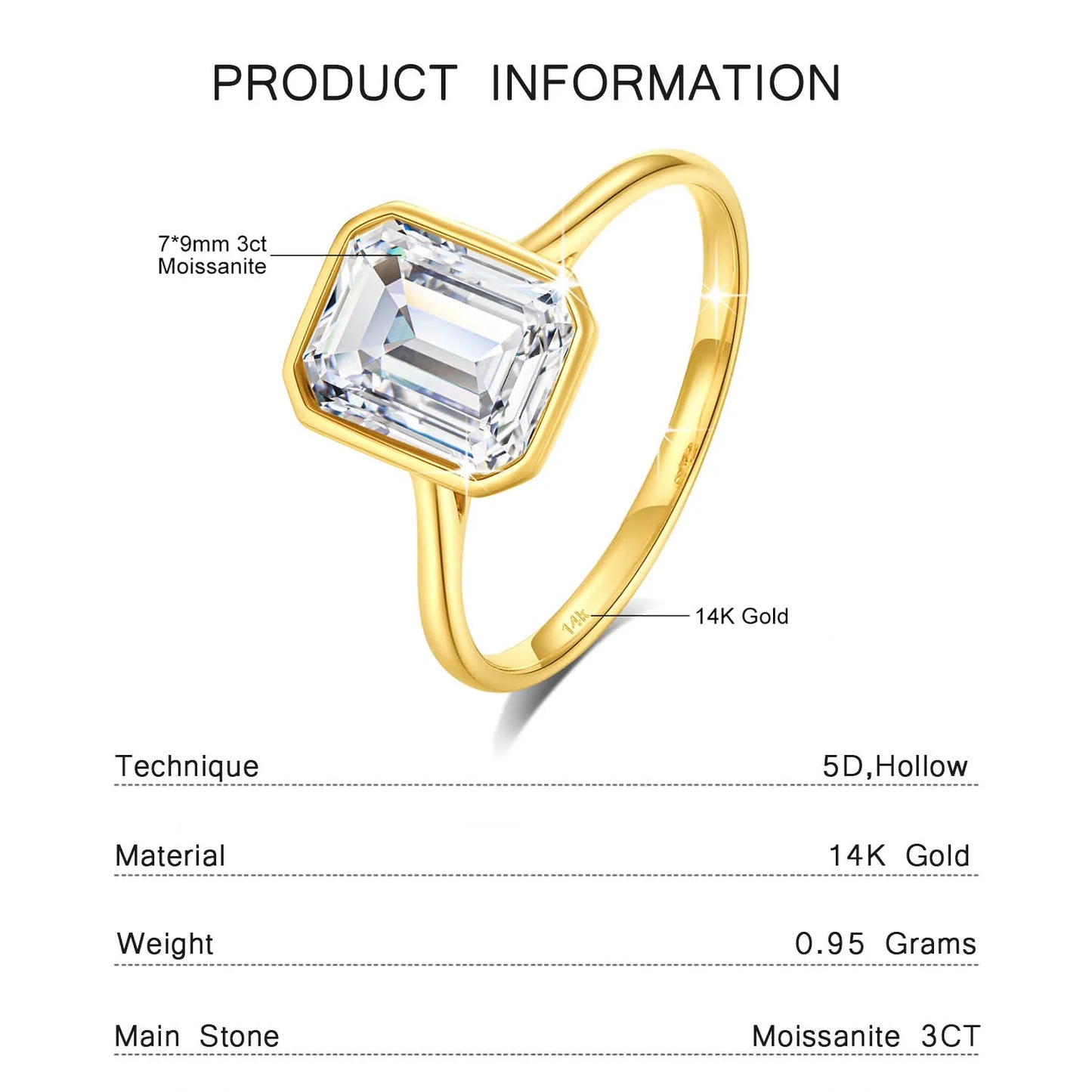 Radiant Cut 14K Gold Moissanite Ring 3CT D VVS1 for Women 100% Genuine Au585 Engagement Wedding Christmas Gifts Classsic