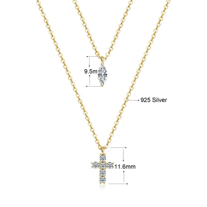 Cross Double Layered Moissanite Necklace for Women Marquise Pendant 925 Silver Collarbone Chain for Party Personalized Jewelry