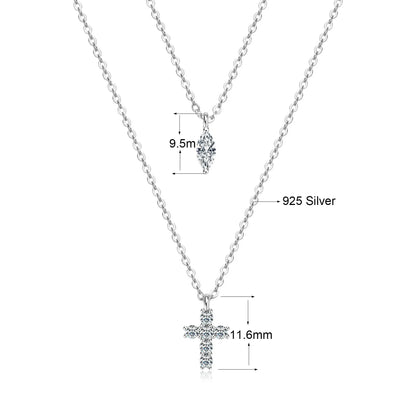 Cross Double Layered Moissanite Necklace for Women Marquise Pendant 925 Silver Collarbone Chain for Party Personalized Jewelry