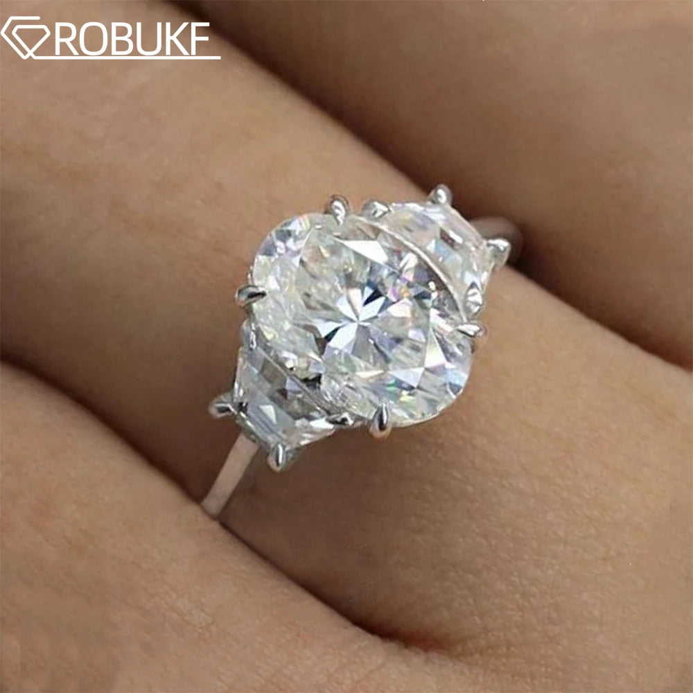 3CT Oval Moissanite Engagement Ring For Women GRA Certified Trapezoid & Oval Three Stone Diamond Wedding Band 925 Silver Jewelry