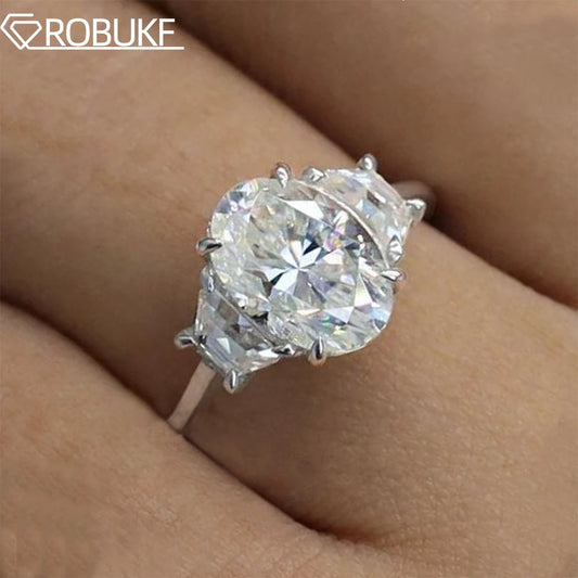 3CT Oval Moissanite Engagement Ring For Women GRA Certified Trapezoid & Oval Three Stone Diamond Wedding Band 925 Silver Jewelry