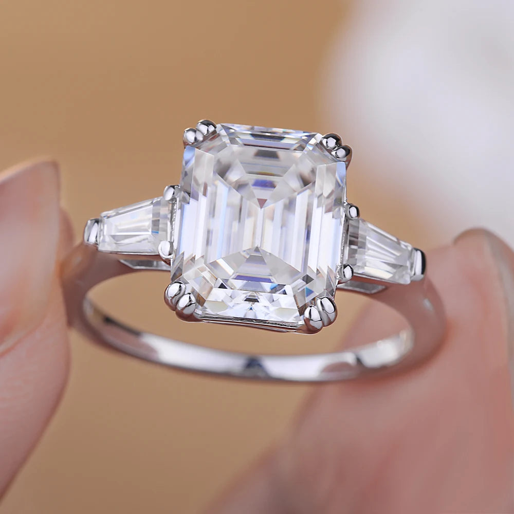 1-4CT Full Moissanite Ring for Women 3 Stones Emerald/Trapezoid Cut Diamond S925 Sterling Silver Wedding Band with Certificate