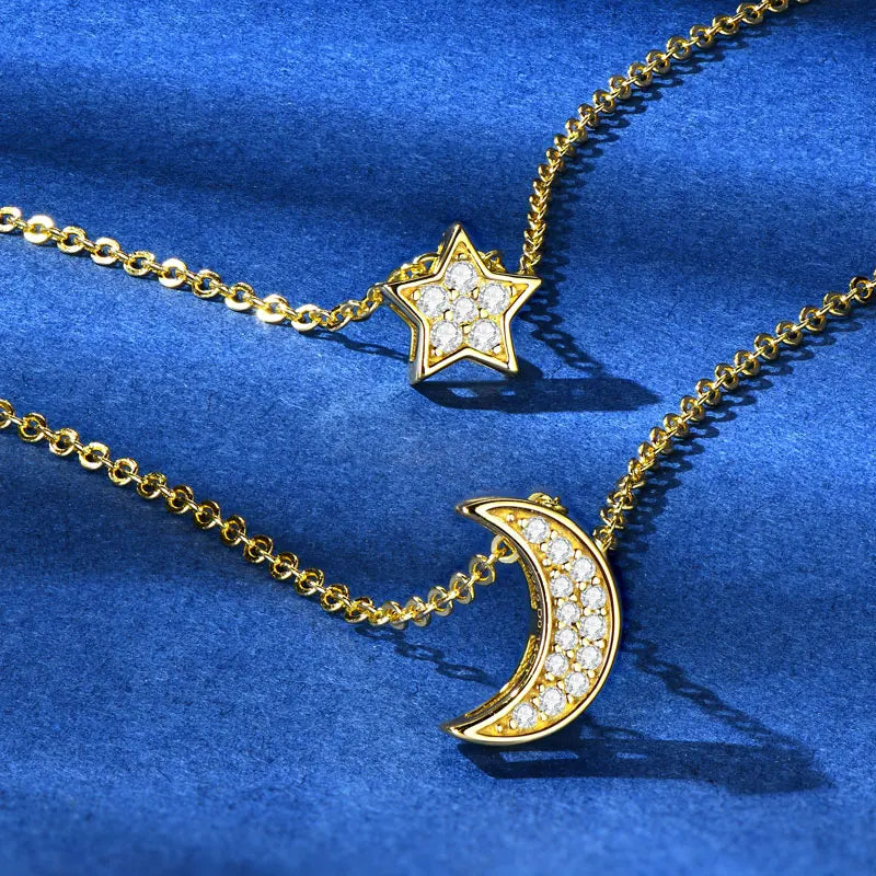 IOGOU D0.14CT VVS1 Moissanite Double Layer Pendant Necklace 925 Sterling Silver Moon Star Choker Necklace for Women Jewelry Gift
