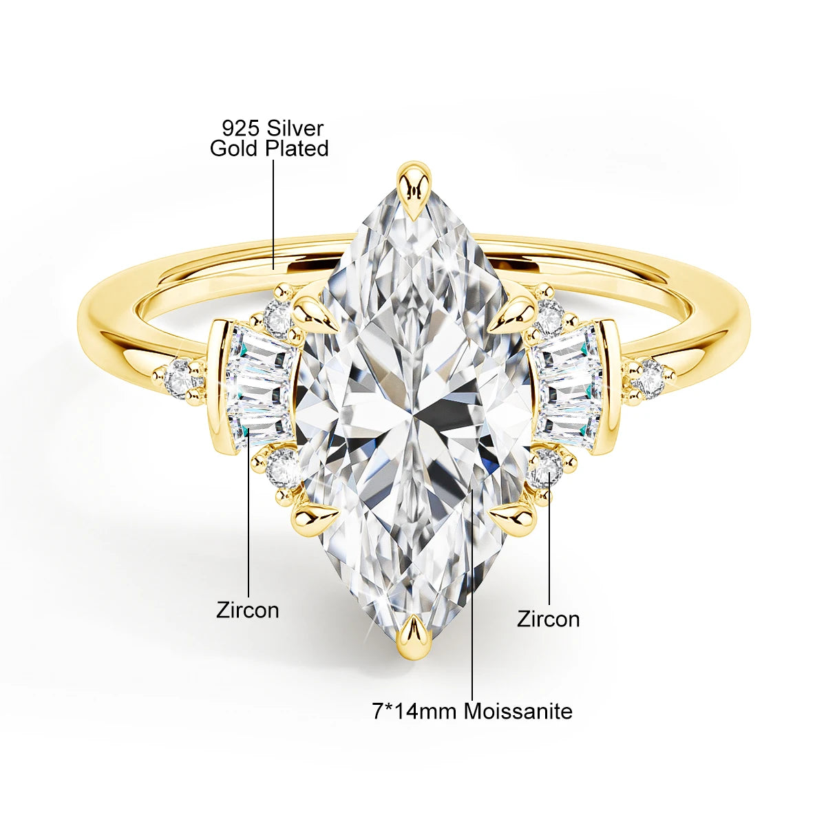 Marquise Cut 7*14mm Full Moissanite Wedding Ring for Women D VVS1 925 Silver Plated 18K Gold Luxury Sparkling Engagement Jewelry