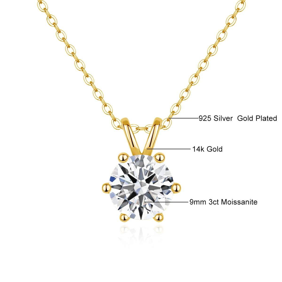 Classic 14K Gold 6-Prong  Pendant  Solitaire Necklace   Women