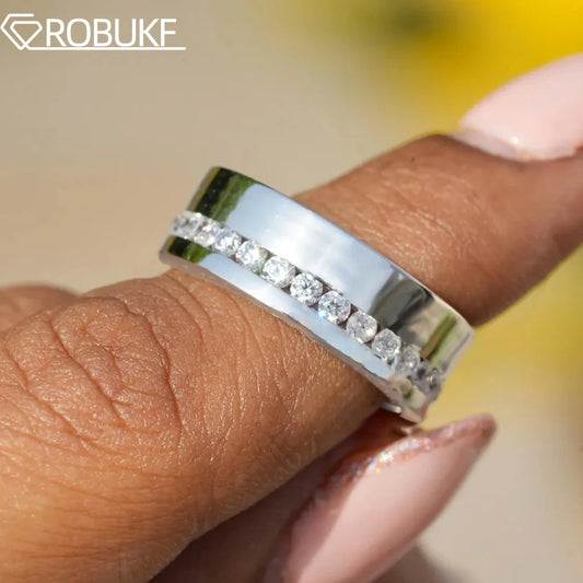Channel Set 2mm Round Moissanite Wedding Band With Certificate 925 Sterling Silver For Men Full Eternity Promise Ring Jewelry