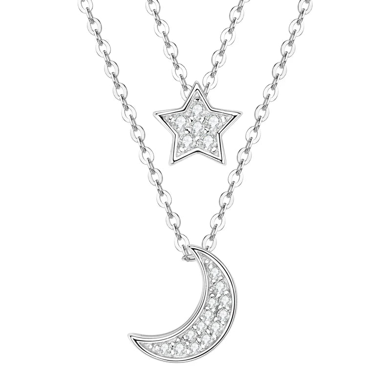 IOGOU D0.14CT VVS1 Moissanite Double Layer Pendant Necklace 925 Sterling Silver Moon Star Choker Necklace for Women Jewelry Gift