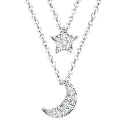 IOGOU D0.14CT VVS1 Moissanite Double Layer Pendant Necklace 925 Sterling Silver Moon Star Choker Necklace for Women Jewelry Gift