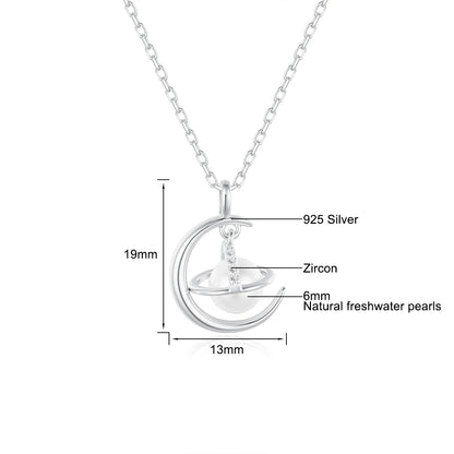 Cosmic Planet Pendant 6mm Natural Freshwater Pearl Necklace 925 Sterling Silver Plated 18K Gold for Women Unique Jewelry Gift