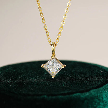 6.5MM 1CT Princess Cut Moissanite Solitaire Necklace Pendant for Women Plated 18k Gold 925 Silver Birthday Gift Fashion Jewelry