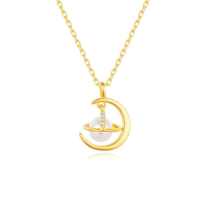 Cosmic Planet Pendant 6mm Natural Freshwater Pearl Necklace 925 Sterling Silver Plated 18K Gold for Women Unique Jewelry Gift