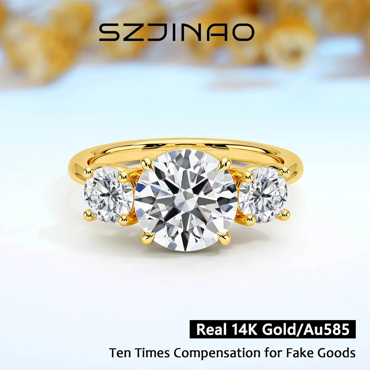 3 Stone D Color Moissanite Diamond Ring 14K Gold Engagement Wedding Au585 Hollow Elegant Finger Rings for Women Fine Jewelry