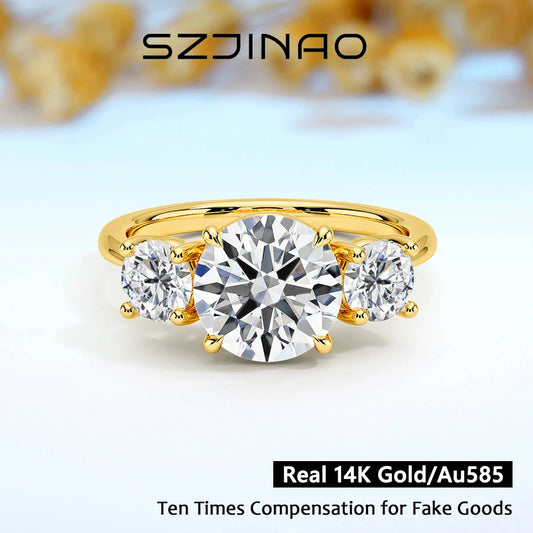 3 Stone D Color Moissanite Diamond Ring 14K Gold Engagement Wedding Au585 Hollow Elegant Finger Rings for Women Fine Jewelry