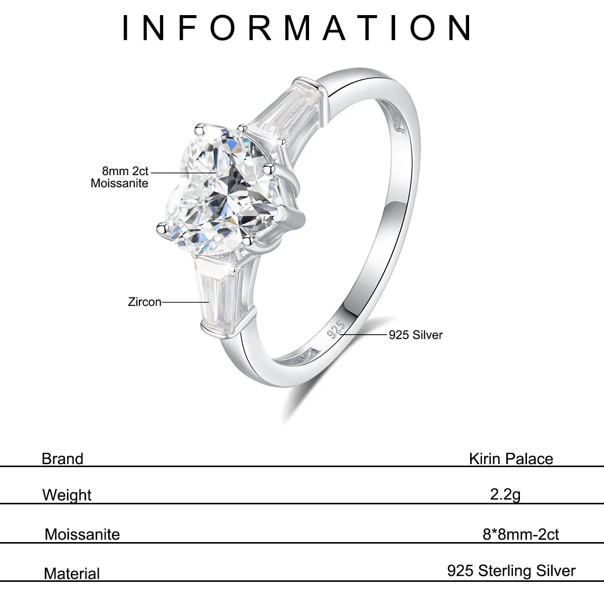 2 Carat Heart Moissanite Ring Woman 3 Stone Engagement Wedding Gift 925 Sterling Silver Plated White Gold Fine Jewelry