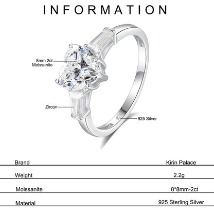 2 Carat Heart Moissanite Ring Woman 3 Stone Engagement Wedding Gift 925 Sterling Silver Plated White Gold Fine Jewelry