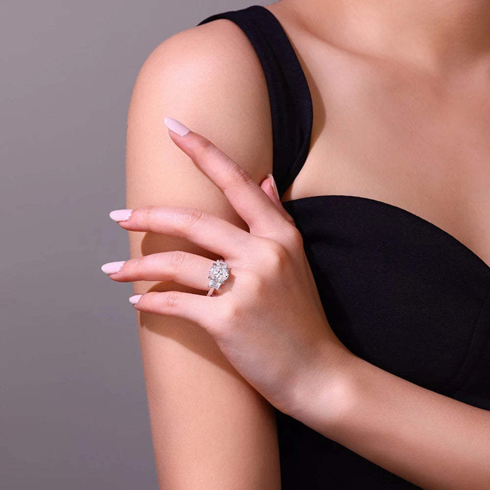 3CT Oval Moissanite Engagement Ring For Women GRA Certified Trapezoid & Oval Three Stone Diamond Wedding Band 925 Silver Jewelry