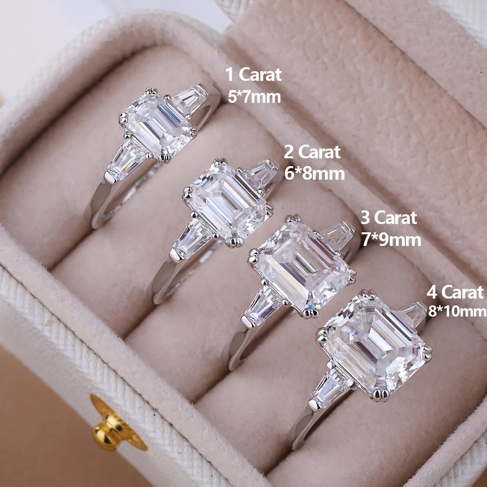 1-4CT Full Moissanite Ring for Women 3 Stones Emerald/Trapezoid Cut Diamond S925 Sterling Silver Wedding Band with Certificate