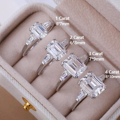 1-4CT Full Moissanite Ring for Women 3 Stones Emerald/Trapezoid Cut Diamond S925 Sterling Silver Wedding Band with Certificate