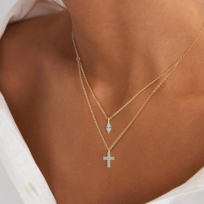 Cross Double Layered Moissanite Necklace for Women Marquise Pendant 925 Silver Collarbone Chain for Party Personalized Jewelry