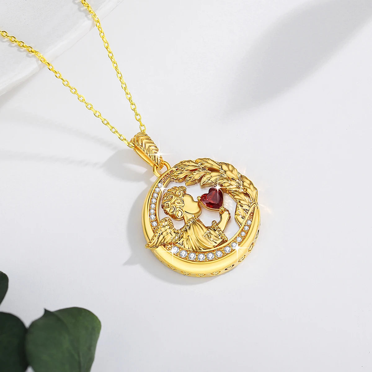 Heart Shaped Yellow Gold Round Angel Pendant Pendants for Women