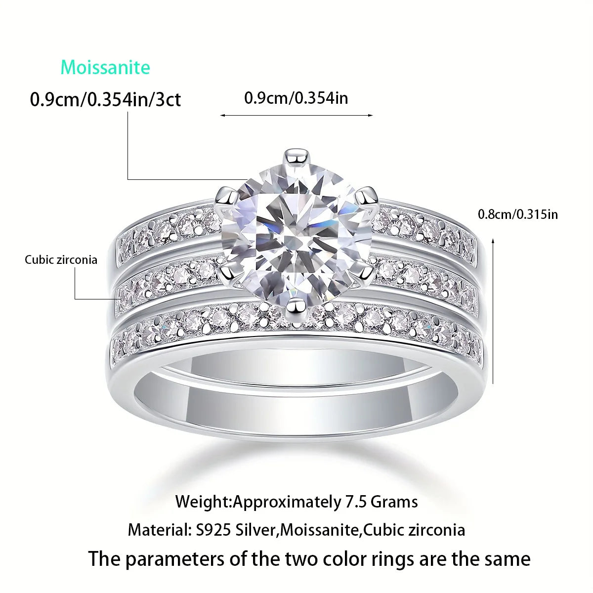 Luxury Moissanite Engagement Ring Set Round 2 Carats Classic Design 925 Sterling Silver Fade-Resistant Women Wedding Rings