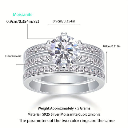 Luxury Moissanite Engagement Ring Set Round 2 Carats Classic Design 925 Sterling Silver Fade-Resistant Women Wedding Rings
