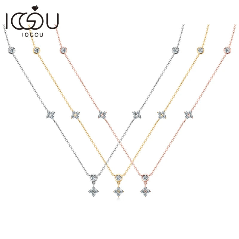 IOGOU-Four-leaf Clover Moissanite Necklaces 925 Silver for Women 2mm 3mm Round D Color Charm Choker Girls Jewelry Free Shipping