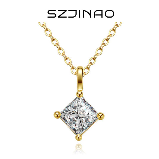 6.5MM 1CT Princess Cut Moissanite Solitaire Necklace Pendant for Women Plated 18k Gold 925 Silver Birthday Gift Fashion Jewelry
