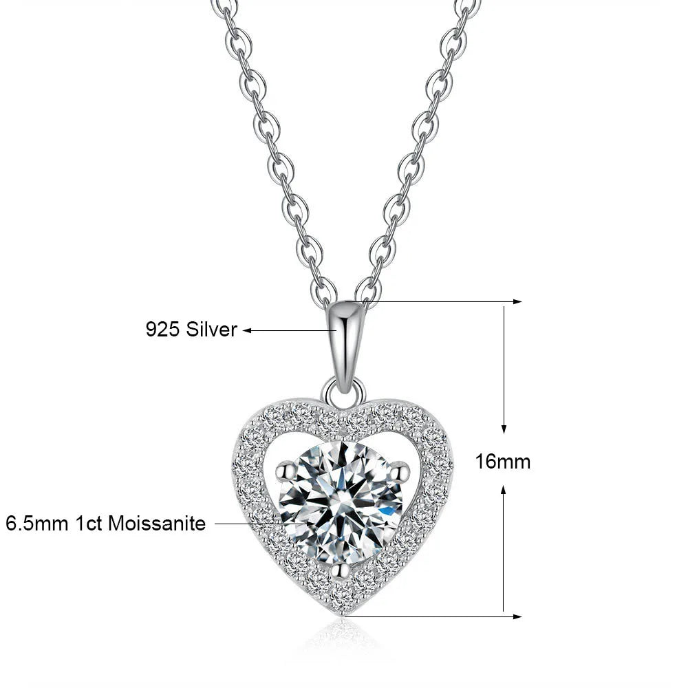 Romantic Love Shape 1CT Moissanite Necklace Round Cut Pendant for Women 925 Sterling Silver Cute Jewelry Valentine's Day Gift