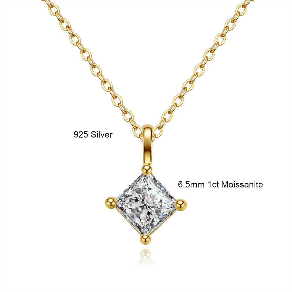 6.5MM 1CT Princess Cut Moissanite Solitaire Necklace Pendant for Women Plated 18k Gold 925 Silver Birthday Gift Fashion Jewelry