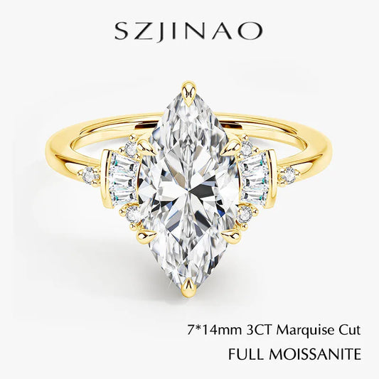 Marquise Cut 7*14mm Full Moissanite Wedding Ring for Women D VVS1 925 Silver Plated 18K Gold Luxury Sparkling Engagement Jewelry