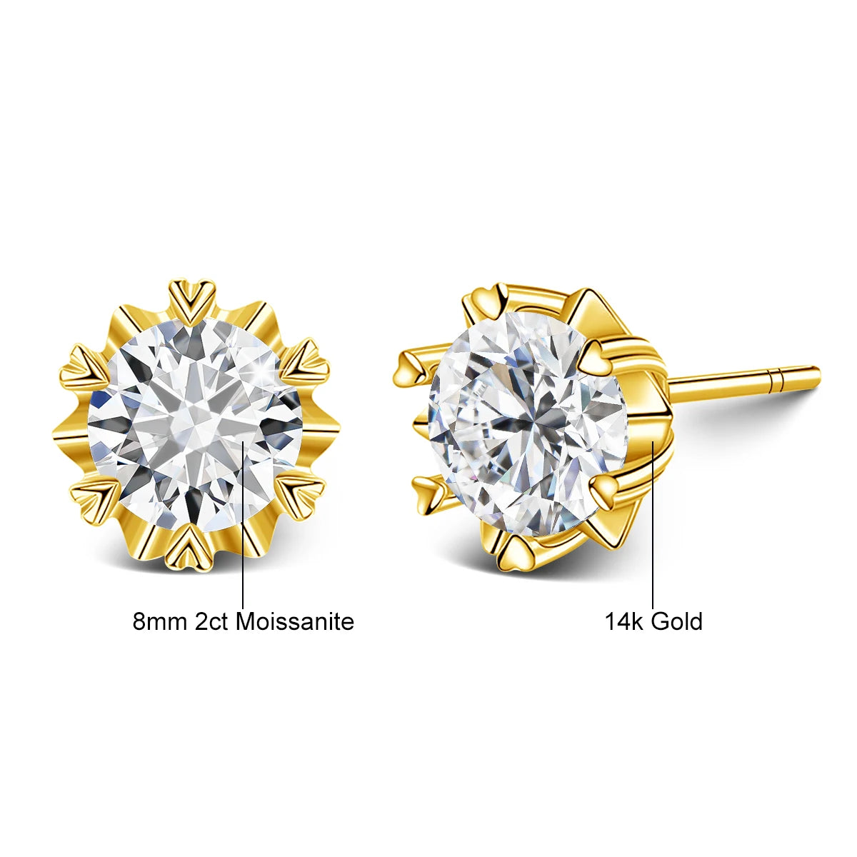 Szjinao 2 Carat 8.0mm 100% Real 14k Gold Moissanite Stud Earrings For Woman Sparkling Diamond Wedding Luxury K Gold Jewelry Sale