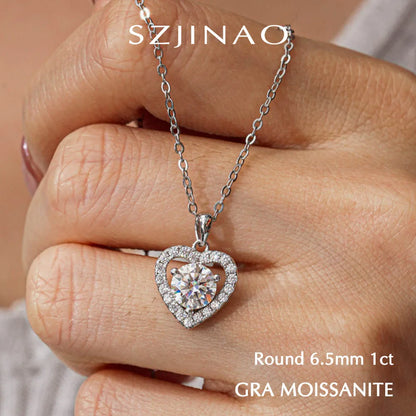 Romantic Love Shape 1CT Moissanite Necklace Round Cut Pendant for Women 925 Sterling Silver Cute Jewelry Valentine's Day Gift