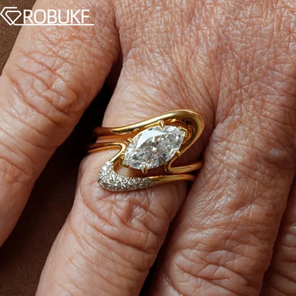 GRA Certified 2CT Marquise Cut Moissanite Stackable Engagement Ring for Women 925 Sterling Silver Bridal Ring Set Wedding Band