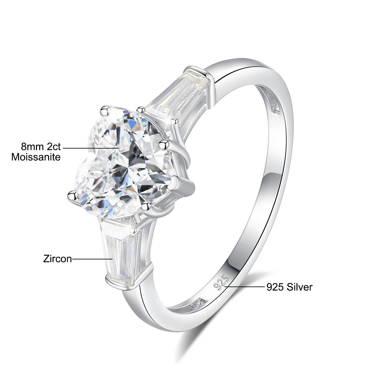 2 Carat Heart Moissanite Ring Woman 3 Stone Engagement Wedding Gift 925 Sterling Silver Plated White Gold Fine Jewelry