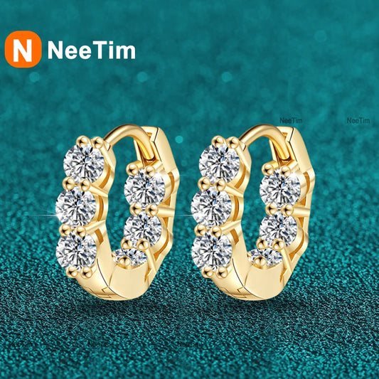 NeeTim 3mm Full Moissanite Hoop Earrings for Women Lab Diamond 925 Sterling Silver with Yellow Gold Plated Wedding Earring