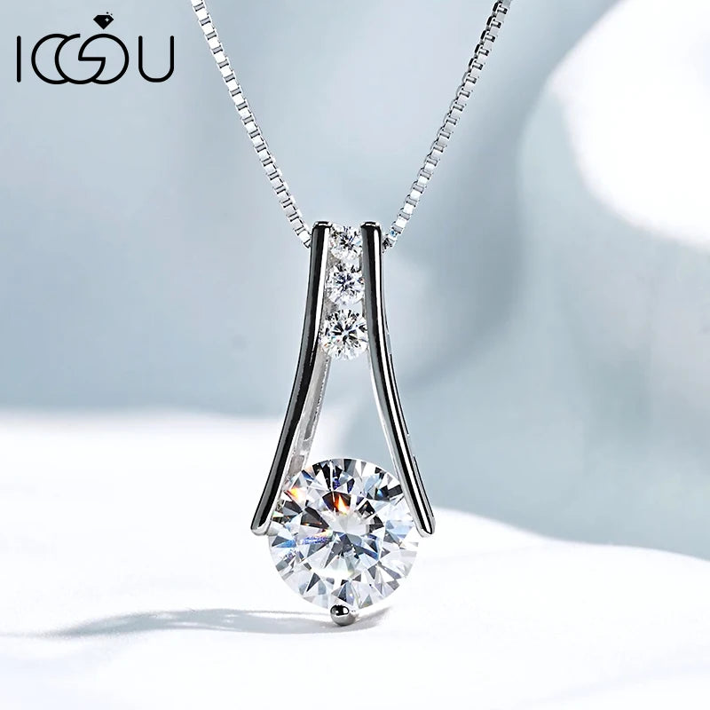IOGOU Classic 1CT-3CT D Moissanite Pendant Necklace Adjustable Box Chain 925 Pure Silver Lab Diamond for Women with Certificate