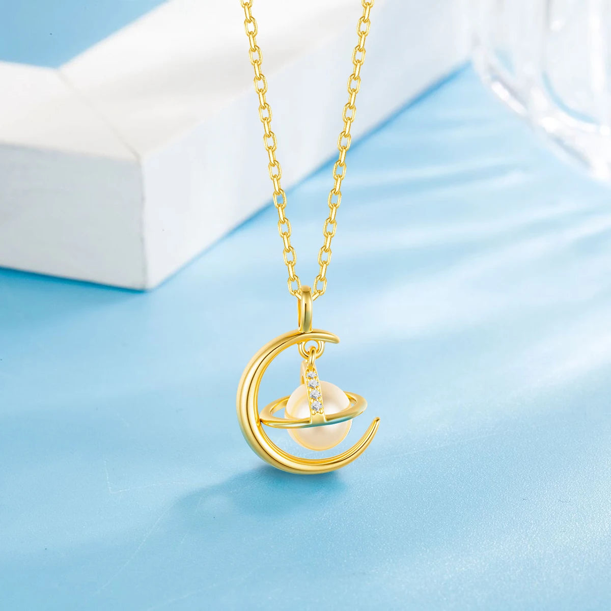 Cosmic Planet Pendant 6mm Natural Freshwater Pearl Necklace 925 Sterling Silver Plated 18K Gold for Women Unique Jewelry Gift