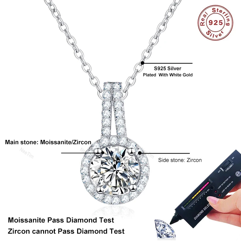 NeeTim 1ct 2ct 5ct Moissanite Necklace for Women Sterling Silver 925 with White Gold Plated Lab Diamond Sparkling Pendant