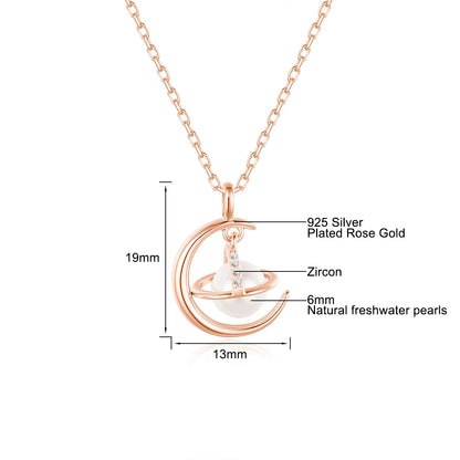 Cosmic Planet Pendant 6mm Natural Freshwater Pearl Necklace 925 Sterling Silver Plated 18K Gold for Women Unique Jewelry Gift