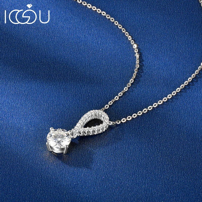 IOGOU D Certified 8mm 2CT Round Moissanite Women Engagement Necklace 100% 925 Sterling Silver Teardrop Shaped Pendant Necklace
