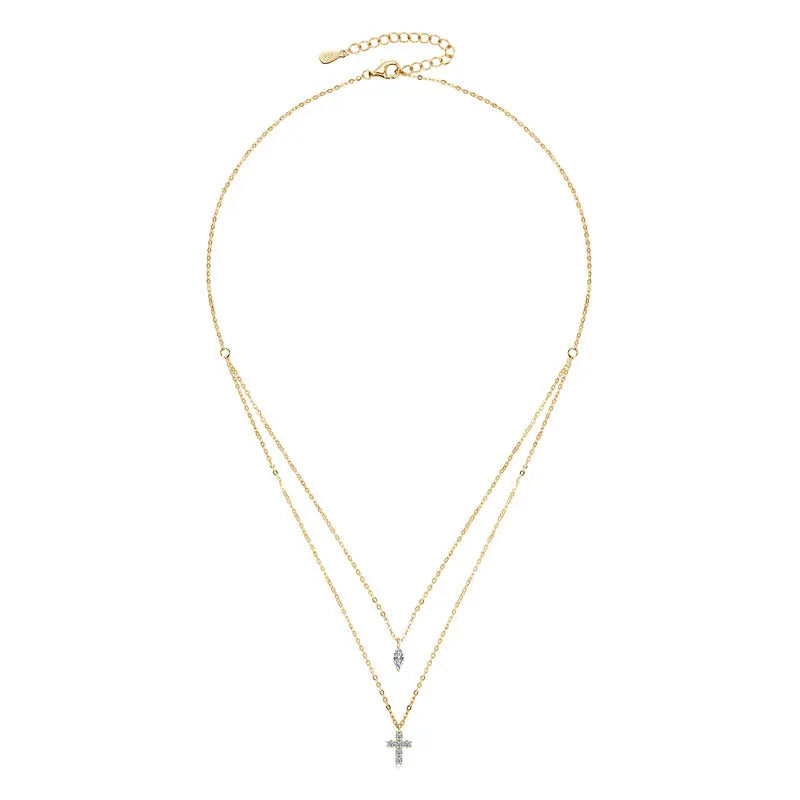 Cross Double Layered Moissanite Necklace for Women Marquise Pendant 925 Silver Collarbone Chain for Party Personalized Jewelry