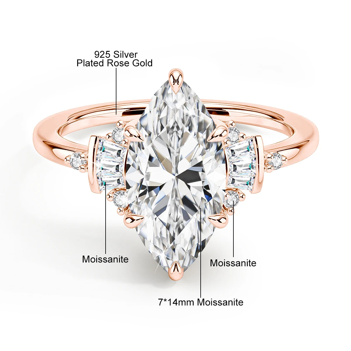 Marquise Cut 7*14mm Full Moissanite Wedding Ring for Women D VVS1 925 Silver Plated 18K Gold Luxury Sparkling Engagement Jewelry