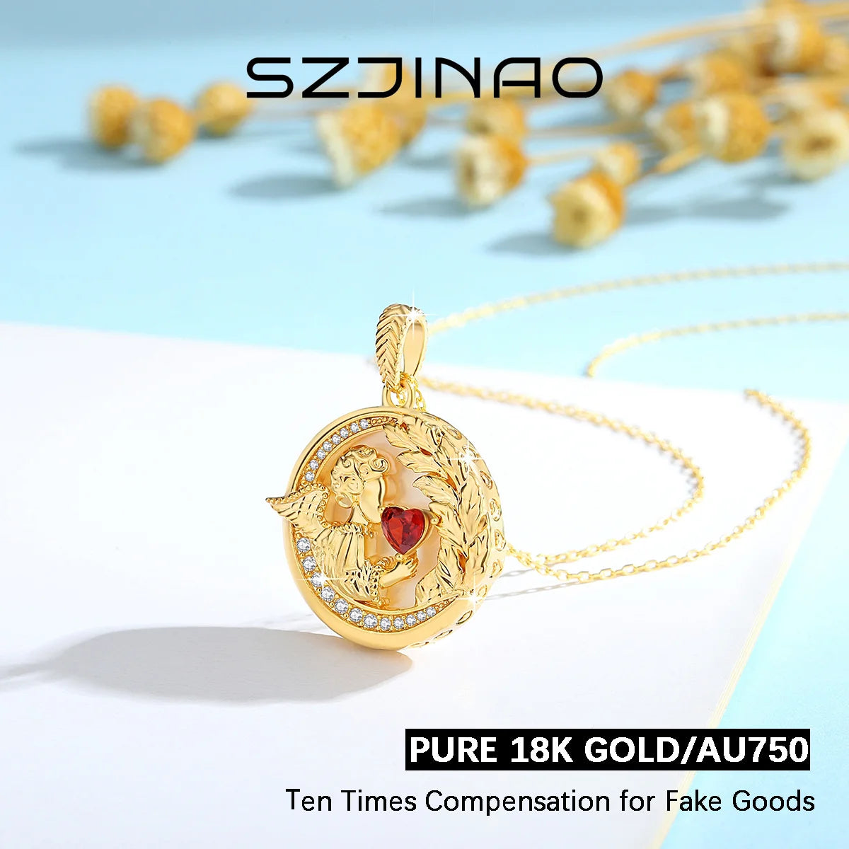 Heart Shaped Yellow Gold Round Angel Pendant Pendants for Women