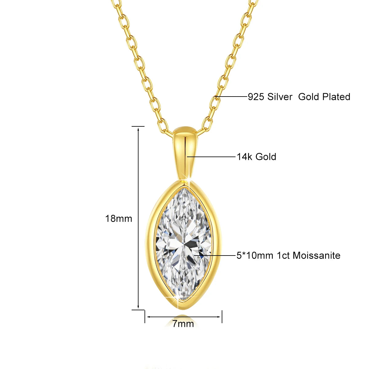Marquise Cut Moissanite Solitaire Necklace 14K Gold Certified 100% Authentic for Women Collarbone Chain Pendant Anniversary Jewe