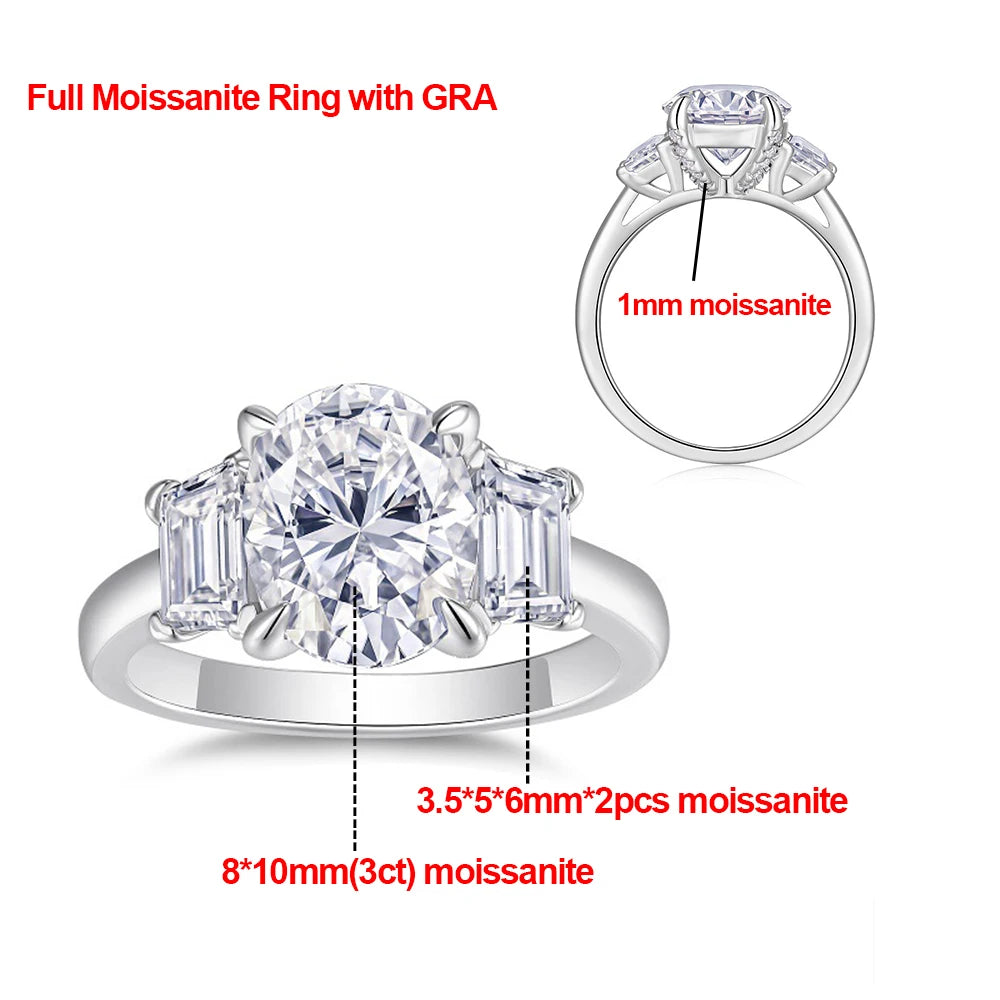 3CT Oval Moissanite Engagement Ring For Women GRA Certified Trapezoid & Oval Three Stone Diamond Wedding Band 925 Silver Jewelry